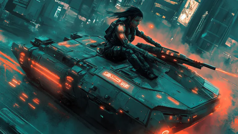 cyberpunk-mercenary-with-bionic-arms-gripping-turret-futuristic-tank-wartorn-dystopian-city
